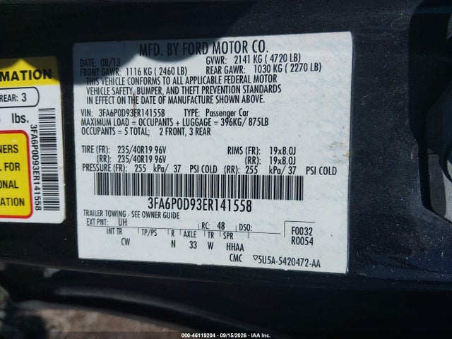 46119204 :رقم المزاد ، 3FA6P0D93ER141558 vin ، 2014 Ford Fusion Titanium مزاد بيع