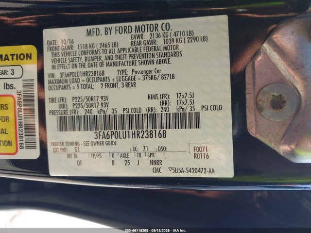 Продажа на аукционе авто 2017 Ford Fusion Hybrid Se, vin: 3FA6P0LU1HR238168, номер лота: 46119205