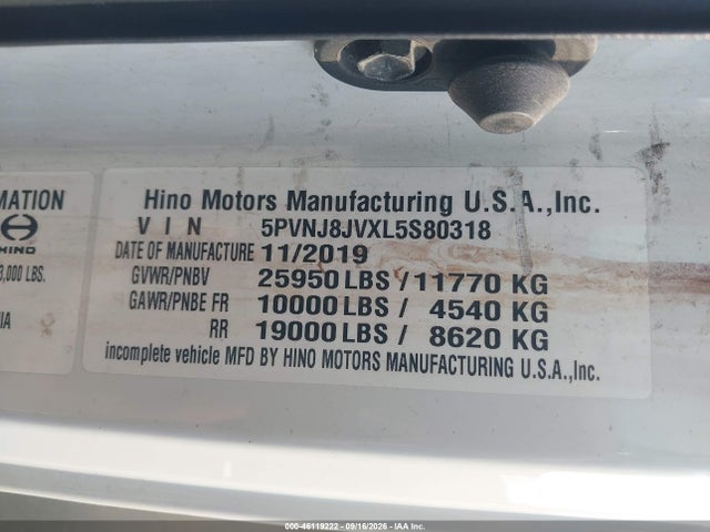 Продажа на аукционе авто 2020 Hino 258/268, vin: 5PVNJ8JVXL5S80318, номер лота: 46119222