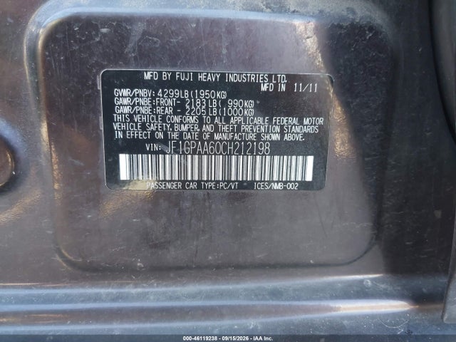 Aukcja sprzedaży 2012 Subaru Impreza 2.0i, vin: JF1GPAA60CH212198, numer aukcji: 46119238