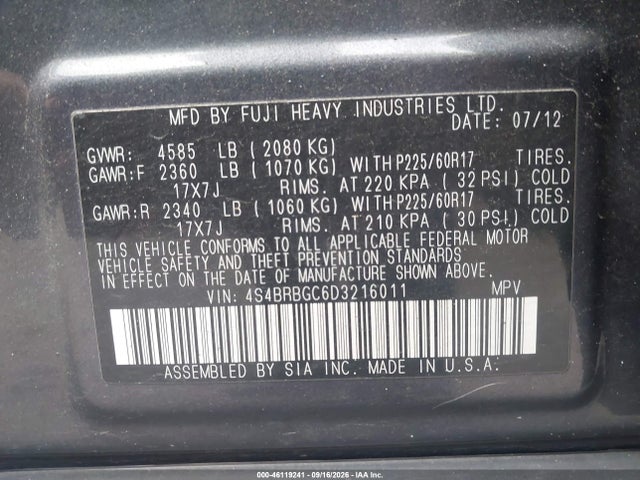 2013 Subaru Outback 2.5i Premium მანქანა იყიდება აუქციონზე, vin: 4S4BRBGC6D3216011, აუქციონის ნომერი: 46119241