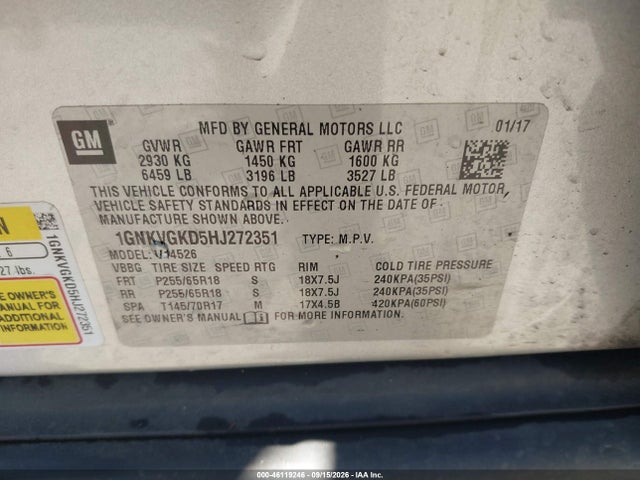 46119246 :رقم المزاد ، 1GNKVGKD5HJ272351 vin ، 2017 Chevrolet Traverse 1lt مزاد بيع