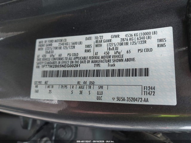46119247 :رقم المزاد ، 1FT7W2B65NEG00291 vin ، 2022 Ford F-250 Xlt مزاد بيع