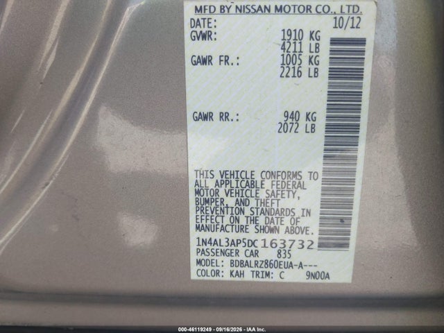 Продажа на аукционе авто 2013 Nissan Altima 2.5 S, vin: 1N4AL3AP5DC163732, номер лота: 46119249