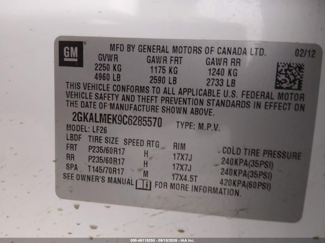 Продаж на аукціоні авто 2012 Gmc Terrain Sle-1, vin: 2GKALMEK9C6285570, номер лоту: 46119250