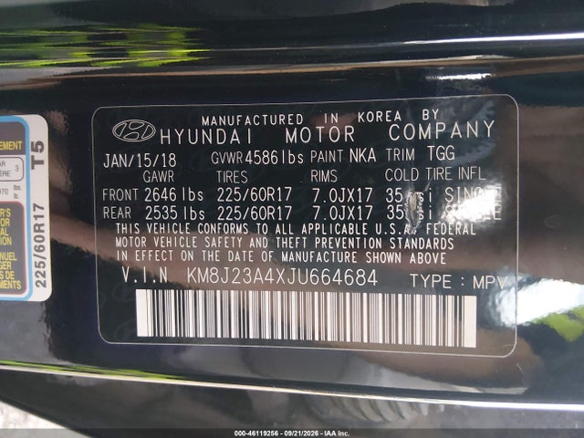 Продаж на аукціоні авто 2018 Hyundai Tucson Se, vin: KM8J23A4XJU664684, номер лоту: 46119256