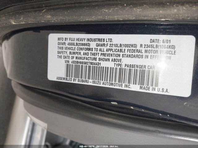 Aukcja sprzedaży 2002 Subaru Outback, vin: 4S3BH665827604431, numer aukcji: 46119276