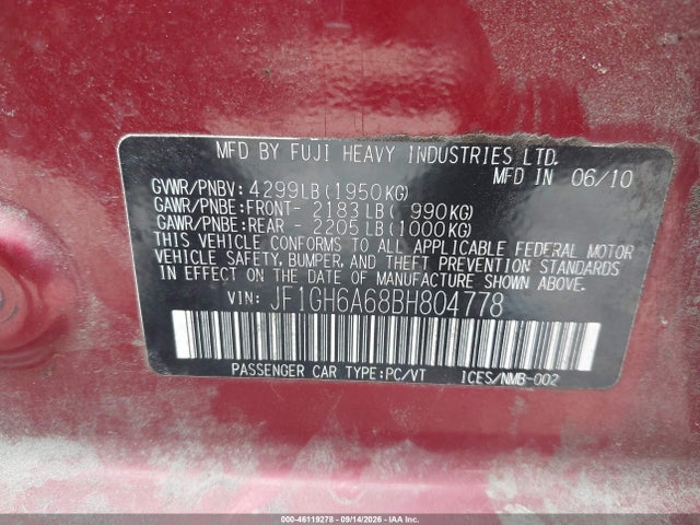 Auction sale of the 2011 Subaru Impreza 2.5i, vin: JF1GH6A68BH804778, lot number: 46119278