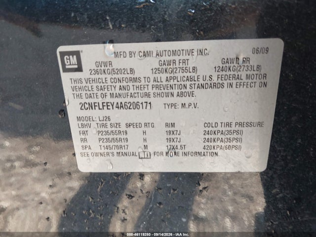 Aukcja sprzedaży 2010 Chevrolet Equinox Ltz, vin: 2CNFLFEY4A6206171, numer aukcji: 46119280