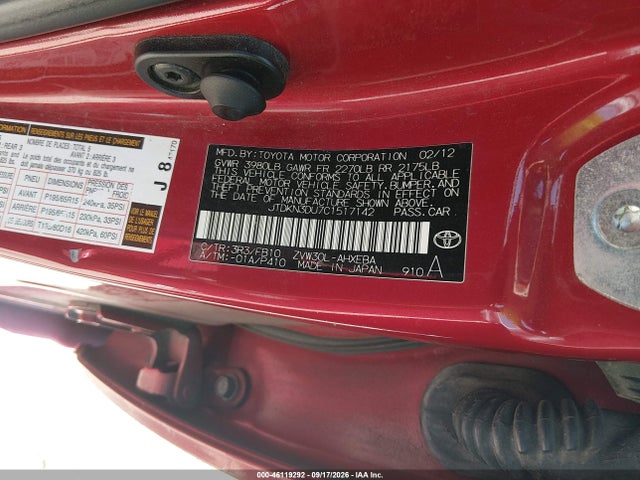 Aukcja sprzedaży 2012 Toyota Prius Two, vin: JTDKN3DU7C1517142, numer aukcji: 46119292