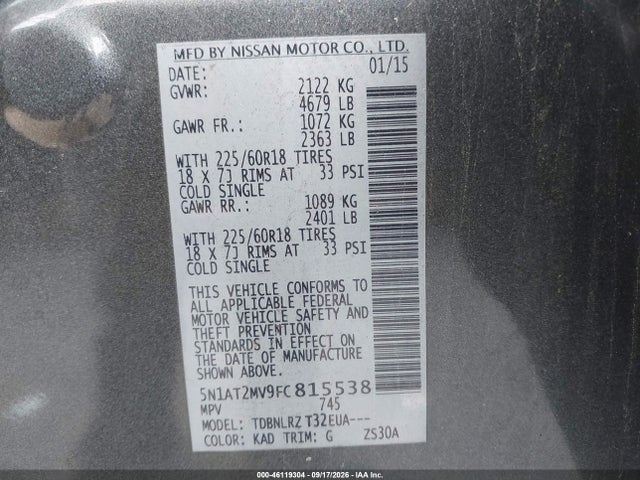 2015 Nissan Rogue Sl მანქანა იყიდება აუქციონზე, vin: 5N1AT2MV9FC815538, აუქციონის ნომერი: 46119304