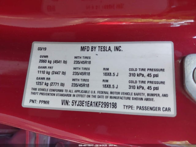 5YJ3E1EA1KF299198 Tesla Model 3 Long Range/mid Range/standard Range/standard Range Plus