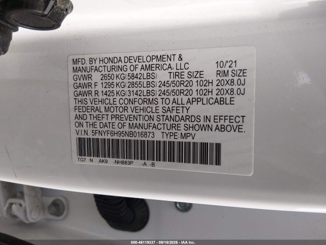2022 Honda Pilot Awd Touring 8 Passenger მანქანა იყიდება აუქციონზე, vin: 5FNYF6H95NB016873, აუქციონის ნომერი: 46119337