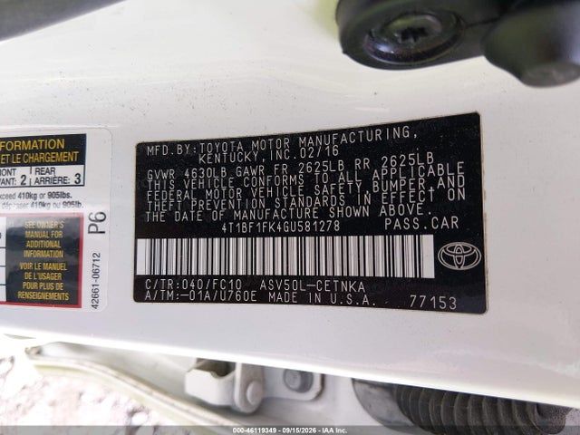 Aukcja sprzedaży 2016 Toyota Camry Le, vin: 4T1BF1FK4GU581278, numer aukcji: 46119349