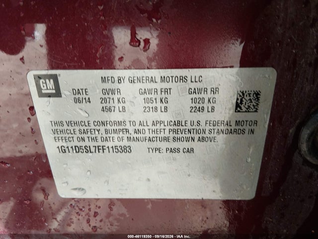 46119350 :رقم المزاد ، 1G11D5SL7FF115383 vin ، 2015 Chevrolet Malibu 2lt مزاد بيع