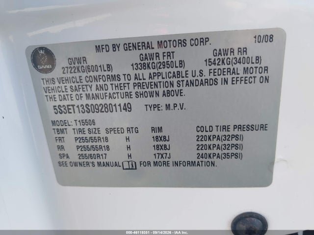 46119351 :رقم المزاد ، 5S3ET13S092801149 vin ، 2009 Saab 9-7x 4.2i مزاد بيع