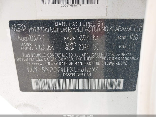 2020 Hyundai Elantra Se მანქანა იყიდება აუქციონზე, vin: 5NPD74LFXLH612797, აუქციონის ნომერი: 46119353