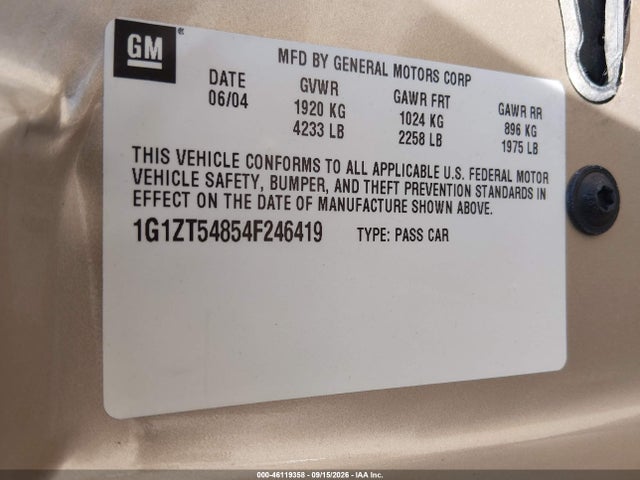 46119358 :رقم المزاد ، 1G1ZT54854F246419 vin ، 2004 Chevrolet Malibu Ls مزاد بيع