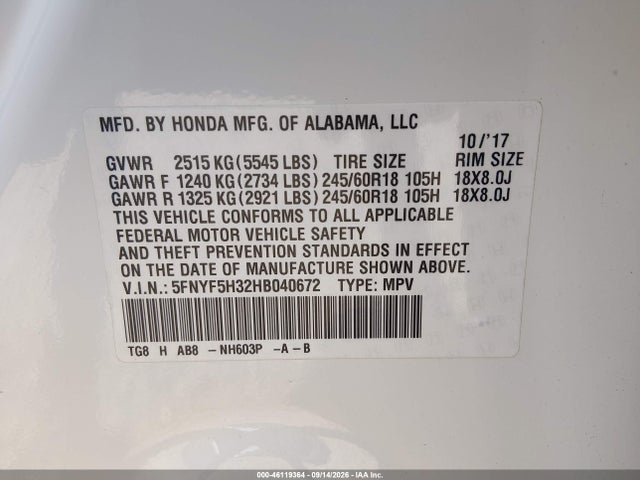 2017 Honda Pilot Ex მანქანა იყიდება აუქციონზე, vin: 5FNYF5H32HB040672, აუქციონის ნომერი: 46119364