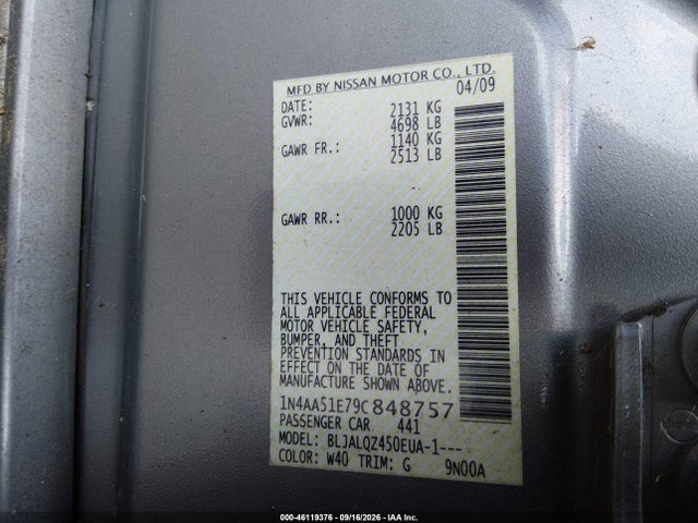 Aukcja sprzedaży 2009 Nissan Maxima 3.5 S, vin: 1N4AA51E79C848757, numer aukcji: 46119376