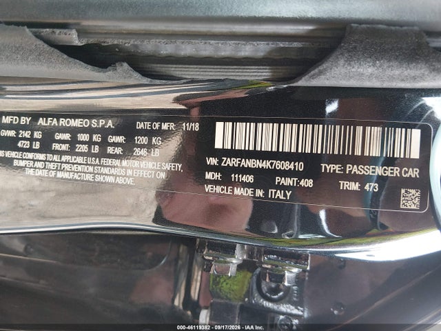 2019 Alfa Romeo Giulia Ti Sport Awd მანქანა იყიდება აუქციონზე, vin: ZARFANBN4K7608410, აუქციონის ნომერი: 46119382