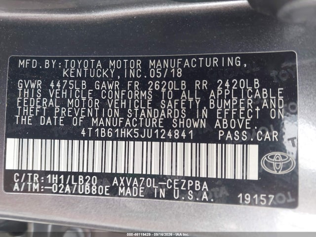 Продажа на аукционе авто 2018 Toyota Camry Xse, vin: 4T1B61HK5JU124841, номер лота: 46119429