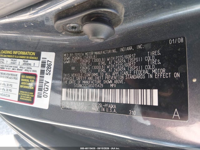 46119435 :رقم المزاد ، 5TDBK22C58S015429 vin ، 2008 Toyota Sienna Limited مزاد بيع