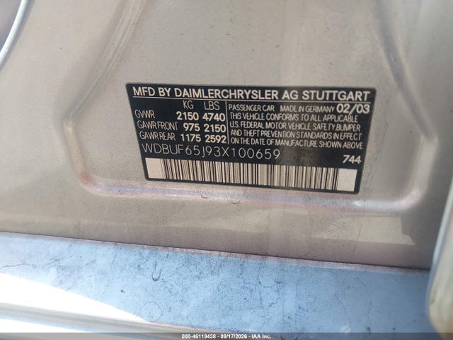 Aukcja sprzedaży 2003 Mercedes-benz E 320, vin: WDBUF65J93X100659, numer aukcji: 46119438