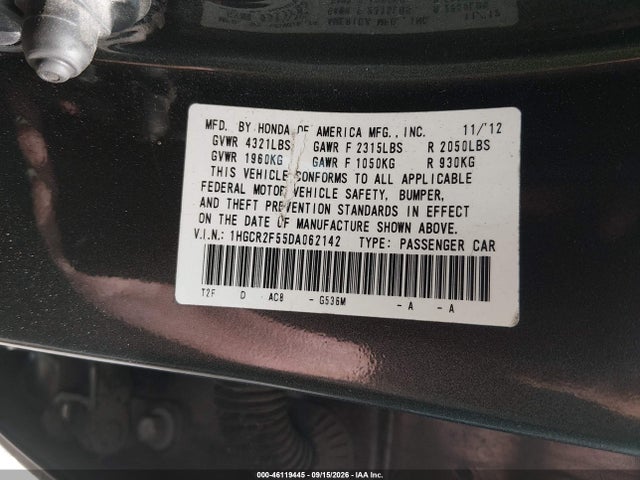 46119445 :رقم المزاد ، 1HGCR2F55DA062142 vin ، 2013 Honda Accord Sport مزاد بيع