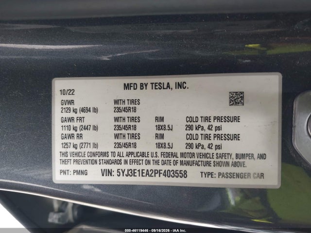46119446 :رقم المزاد ، 5YJ3E1EA2PF403558 vin ، 2023 Tesla Model 3 Rear-wheel Drive مزاد بيع