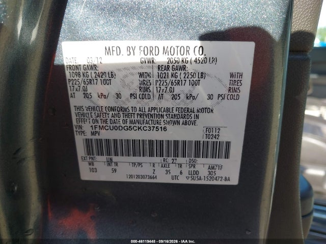 Продаж на аукціоні авто 2012 Ford Escape Xlt, vin: 1FMCU0DG5CKC37516, номер лоту: 46119448