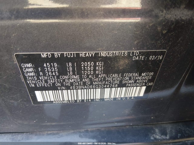Aukcja sprzedaży 2016 Subaru Legacy 2.5i Premium, vin: 4S3BNAD66G3044768, numer aukcji: 46119452