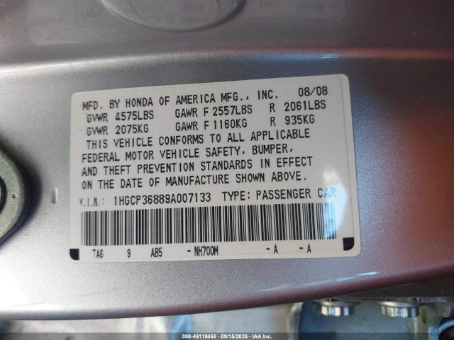 46119458 :رقم المزاد ، 1HGCP36889A007133 vin ، 2009 Honda Accord 3.5 Ex-l مزاد بيع