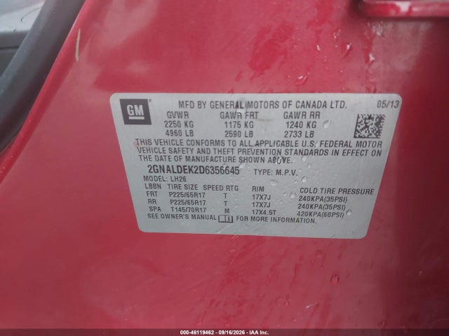 2013 Chevrolet Equinox 1lt მანქანა იყიდება აუქციონზე, vin: 2GNALDEK2D6356645, აუქციონის ნომერი: 46119462