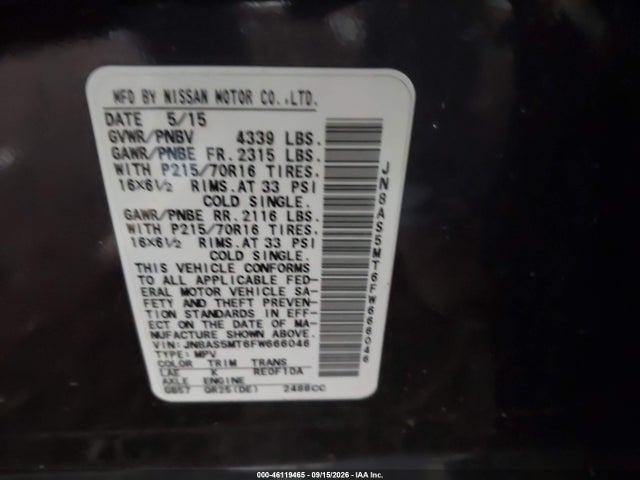 Продажа на аукционе авто 2015 Nissan Rogue Select S, vin: JN8AS5MT6FW666046, номер лота: 46119465