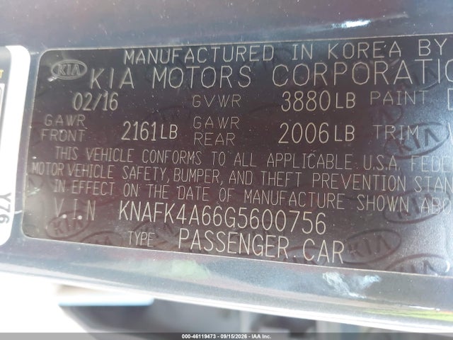 46119473 :رقم المزاد ، KNAFK4A66G5600756 vin ، 2016 Kia Forte Lx مزاد بيع