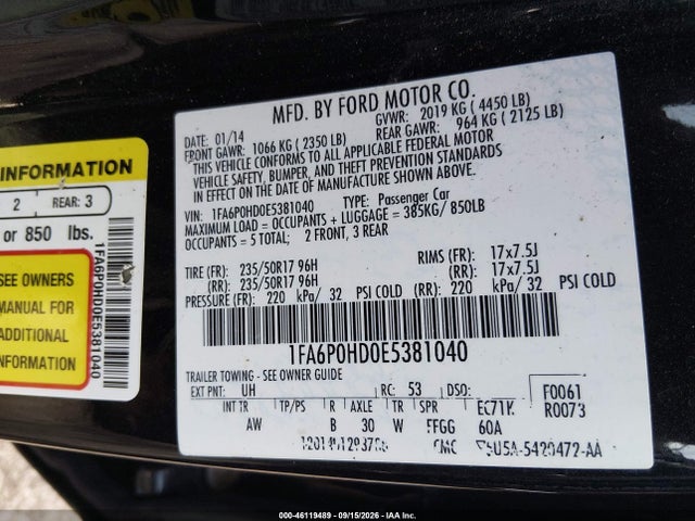 Продажа на аукционе авто 2014 Ford Fusion Se, vin: 1FA6P0HD0E5381040, номер лота: 46119489
