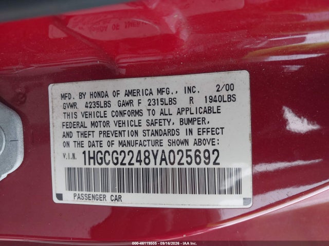 46119505 :رقم المزاد ، 1HGCG2248YA025692 vin ، 2000 Honda Accord 3.0 Lx مزاد بيع