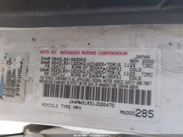 Продажа на аукционе авто 2001 Mitsubishi Montero Xls, vin: JA4MW31R51J026470, номер лота: 46119507