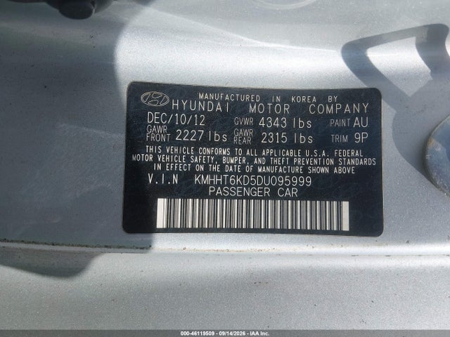 2013 Hyundai Genesis 2.0t მანქანა იყიდება აუქციონზე, vin: KMHHT6KD5DU095999, აუქციონის ნომერი: 46119509