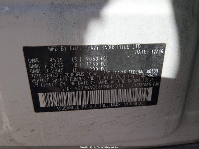 2017 Subaru Legacy 2.5i Premium მანქანა იყიდება აუქციონზე, vin: 4S3BNAC66H3044014, აუქციონის ნომერი: 46119511