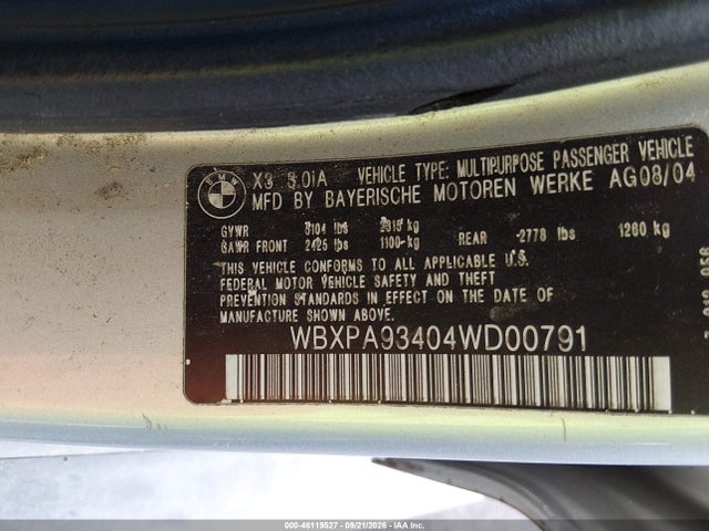 2004 Bmw X3 3.0i მანქანა იყიდება აუქციონზე, vin: WBXPA93404WD00791, აუქციონის ნომერი: 46119527