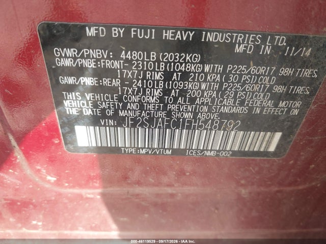 46119529 :رقم المزاد ، JF2SJAFC1FH548792 vin ، 2015 Subaru Forester 2.5i Premium مزاد بيع