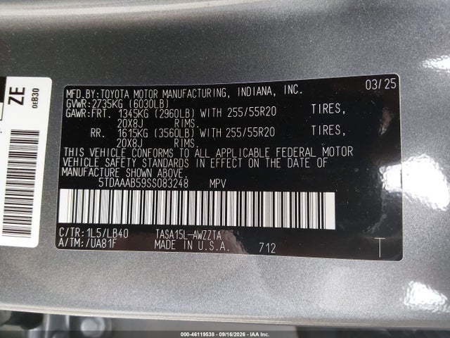 Aukcja sprzedaży 2025 Toyota Grand Highlander Platinum, vin: 5TDAAAB59SS083248, numer aukcji: 46119538