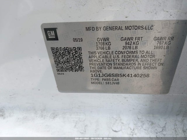 2019 Chevrolet Sonic Lt Auto მანქანა იყიდება აუქციონზე, vin: 1G1JG6SB5K4140258, აუქციონის ნომერი: 46119543