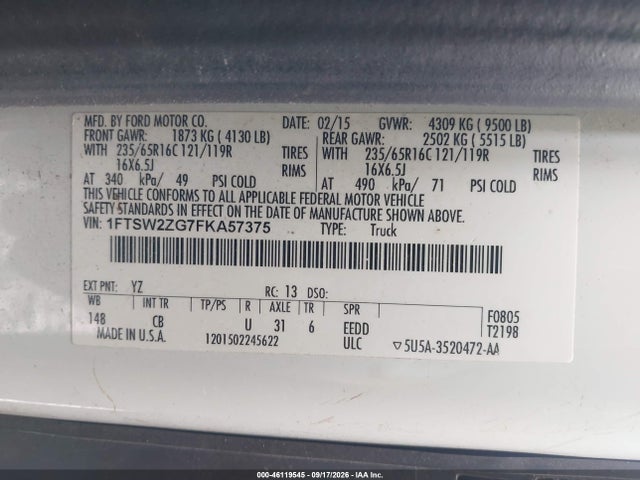 Продаж на аукціоні авто 2015 Ford Transit-350, vin: 1FTSW2ZG7FKA57375, номер лоту: 46119545