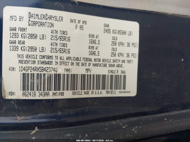 Продаж на аукціоні авто 2005 Dodge Grand Caravan Se, vin: 1D4GP24RX5B423746, номер лоту: 46119553