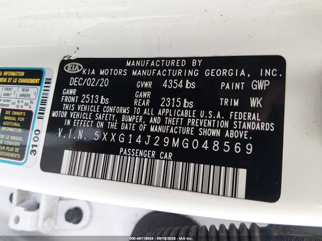 Aukcja sprzedaży 2021 Kia K5 Lxs, vin: 5XXG14J29MG048569, numer aukcji: 46119554