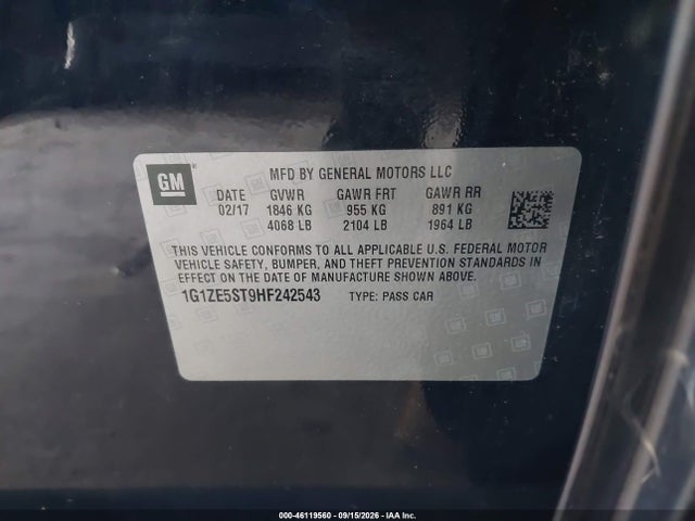 Продаж на аукціоні авто 2017 Chevrolet Malibu 1lt, vin: 1G1ZE5ST9HF242543, номер лоту: 46119560