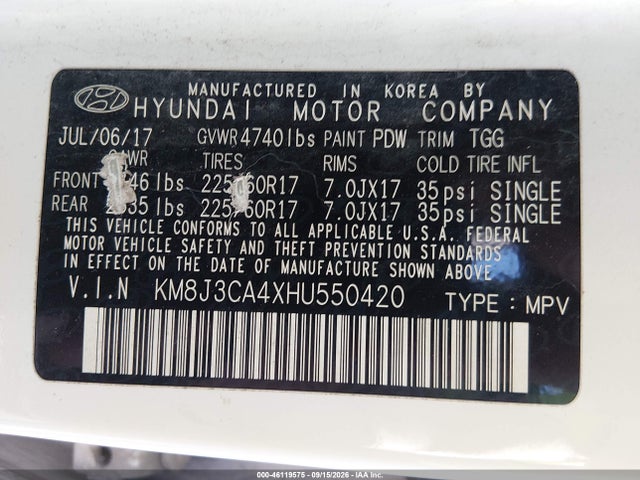 Aukcja sprzedaży 2017 Hyundai Tucson Se, vin: KM8J3CA4XHU550420, numer aukcji: 46119575